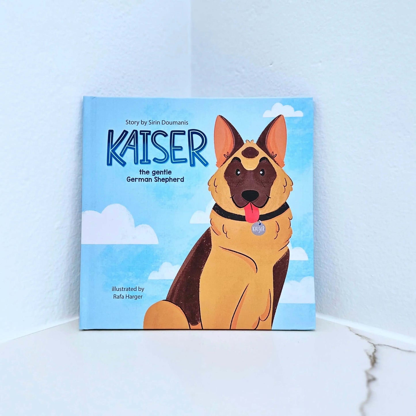 Cover of 'Kaiser the Gentle German Shepherd' book by Sirin Doumanis, featuring an illustrated German shepherd.