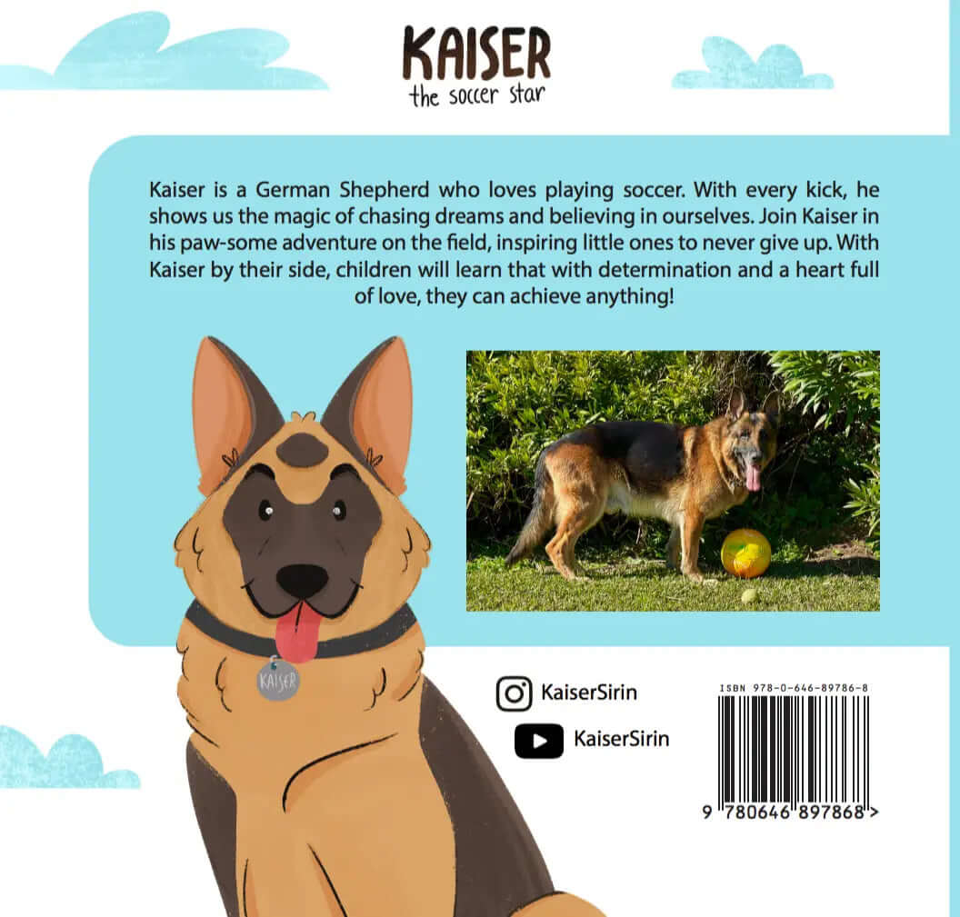 Back cover of 'Kaiser the Soccer Star' featuring a German Shepherd and a playful soccer ball.